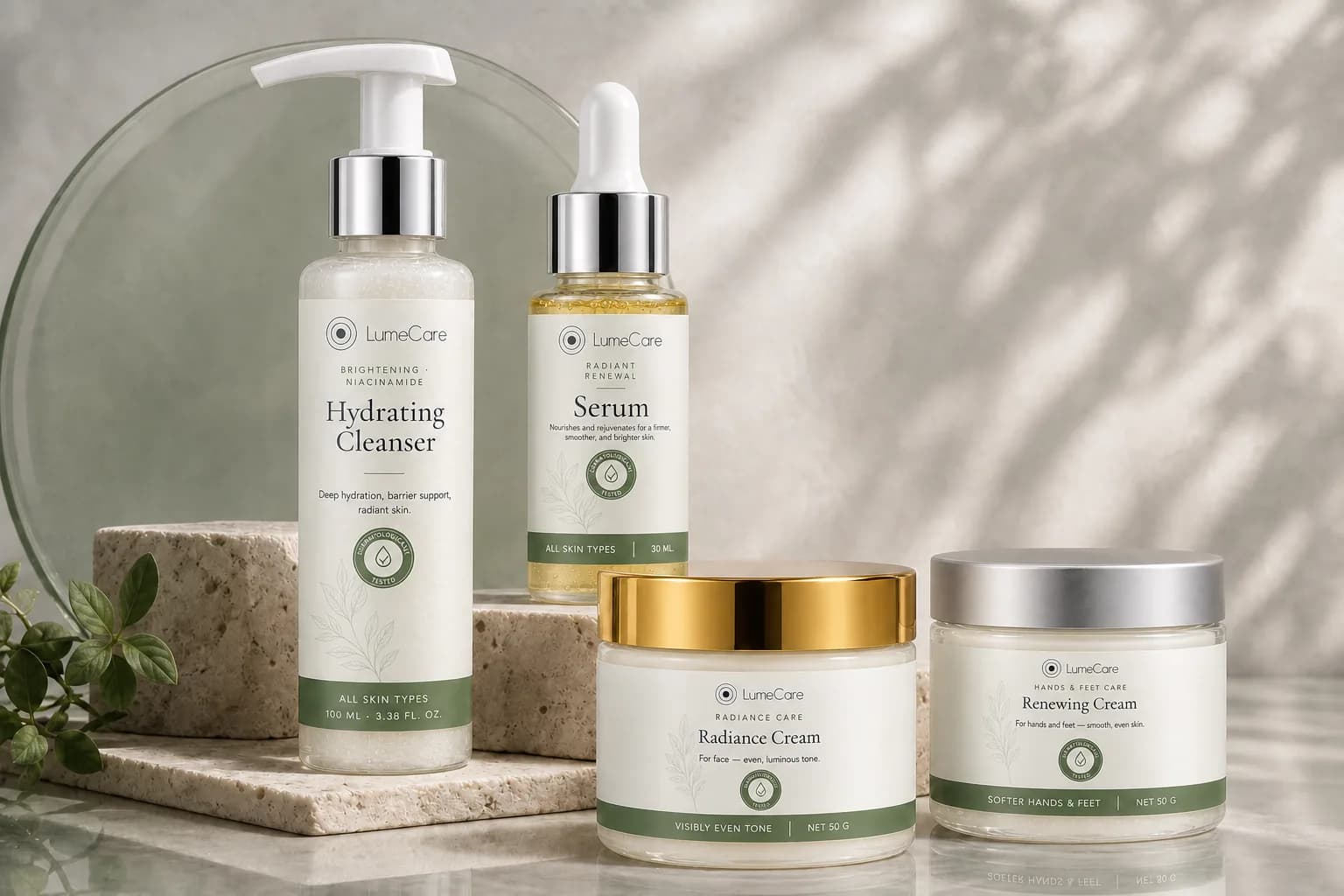 The complete LumeCare collection arranged on pale stone