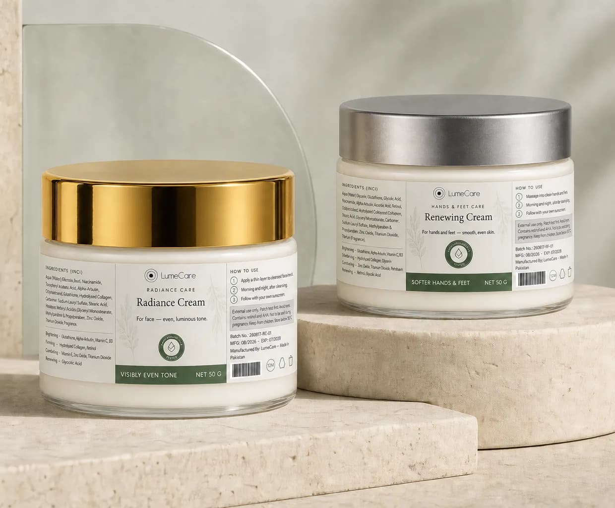 Radiance Cream and Renewing Hand and Foot Cream on stone plinths