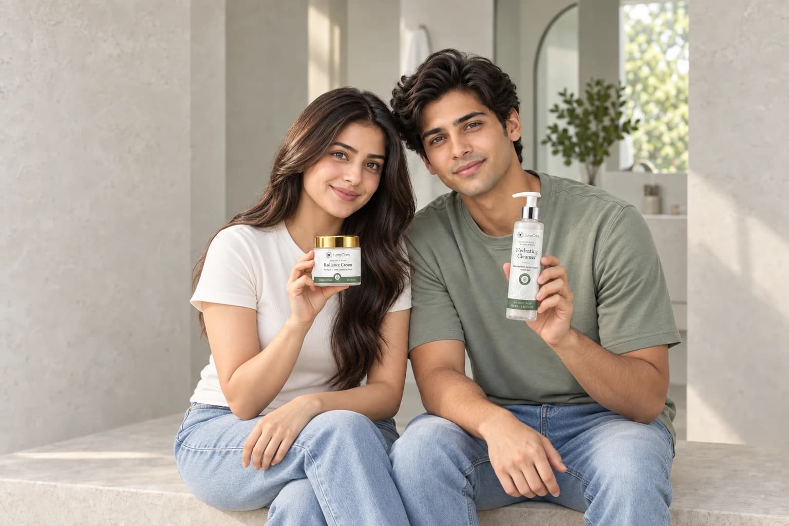 A young woman and man in a bright skincare setting, both comfortably framed
