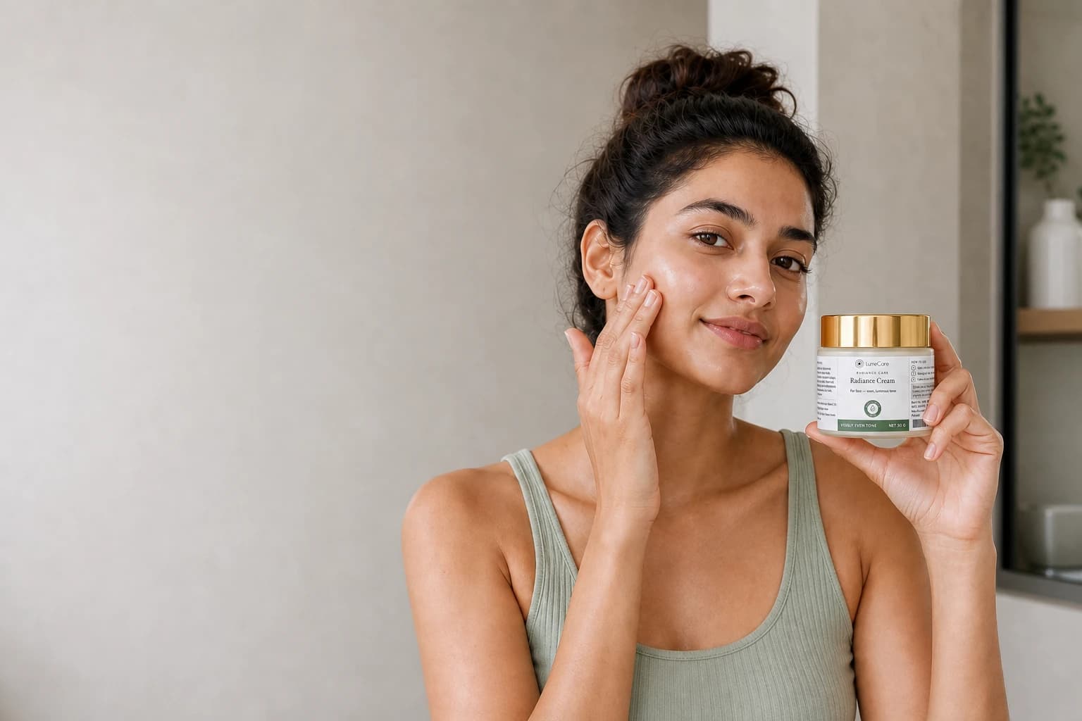 A young woman applying face cream while holding LumeCare Radiance Cream