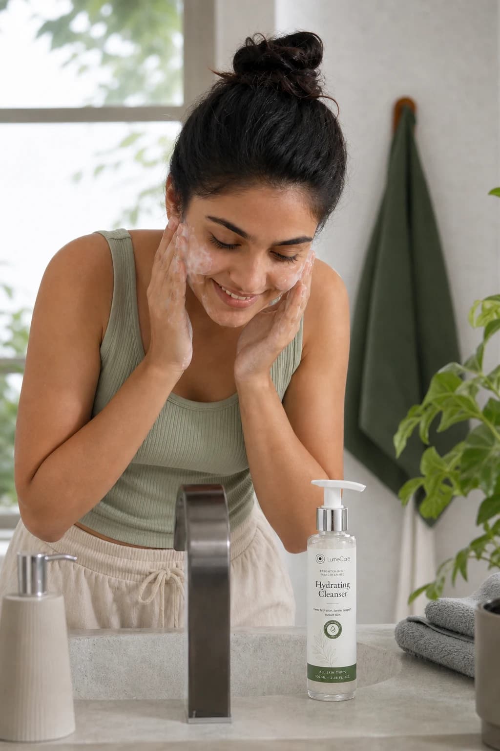 A young woman washing her face beside LumeCare Hydrating Cleanser