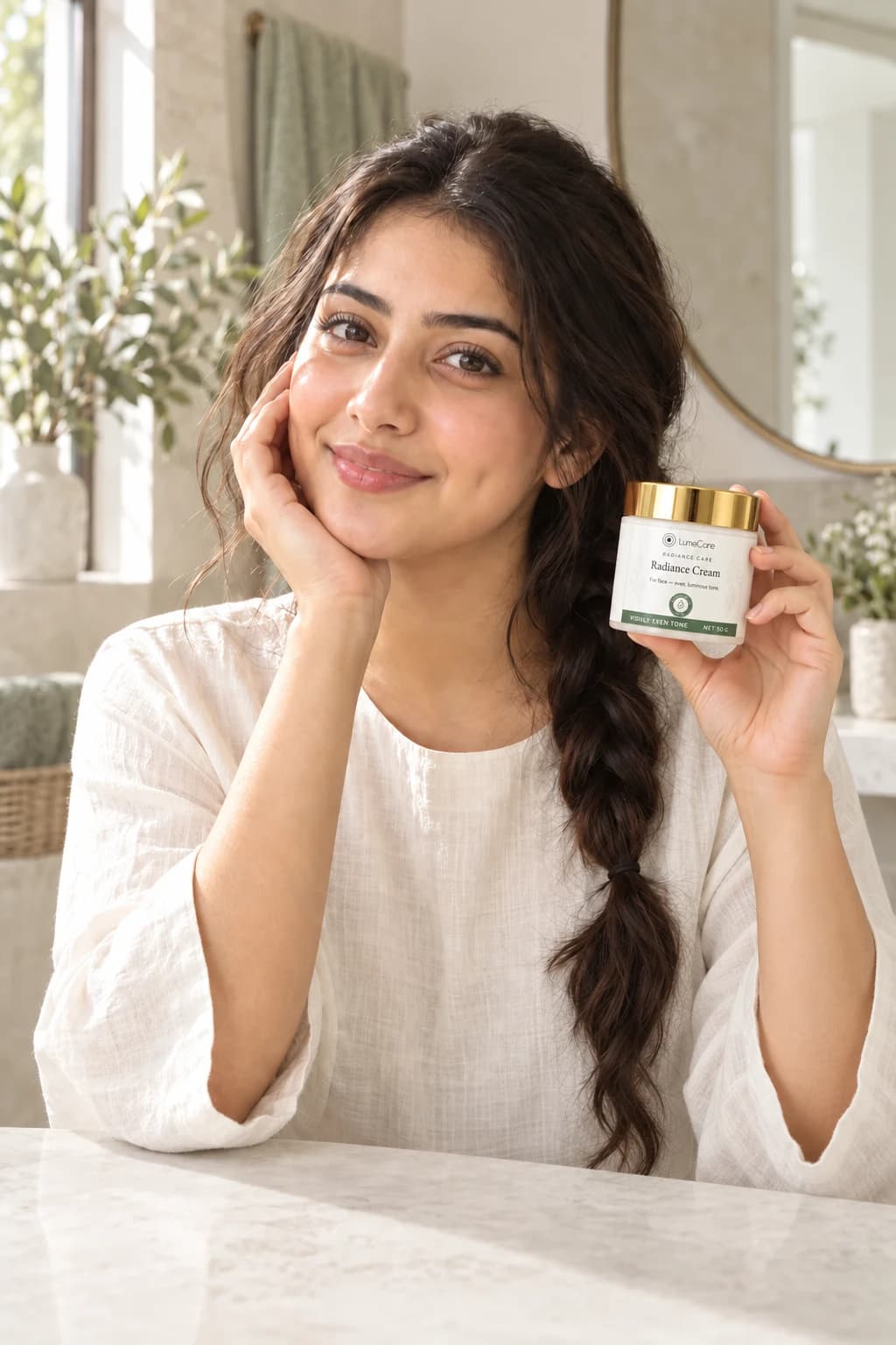 A young woman with a loose braid enjoying a quiet skincare moment
