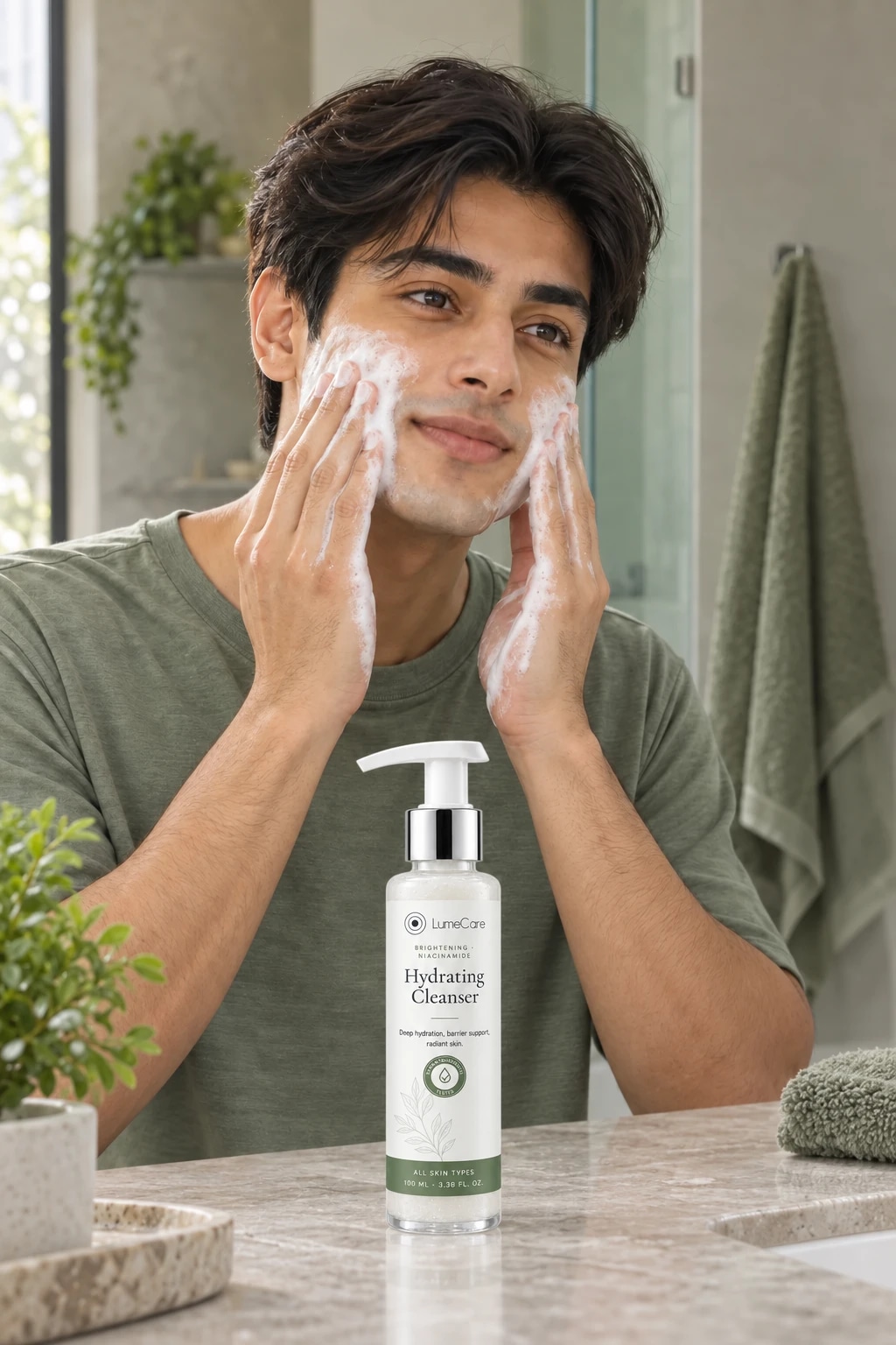 A young man gently washing his face with cleanser