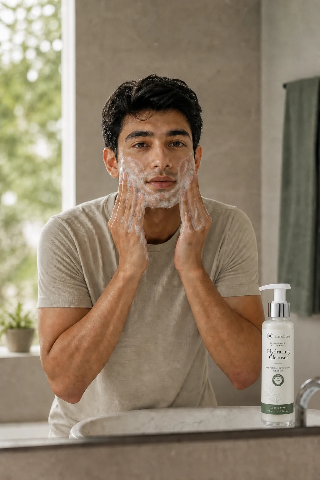 A young man washing his face beside LumeCare Hydrating Cleanser